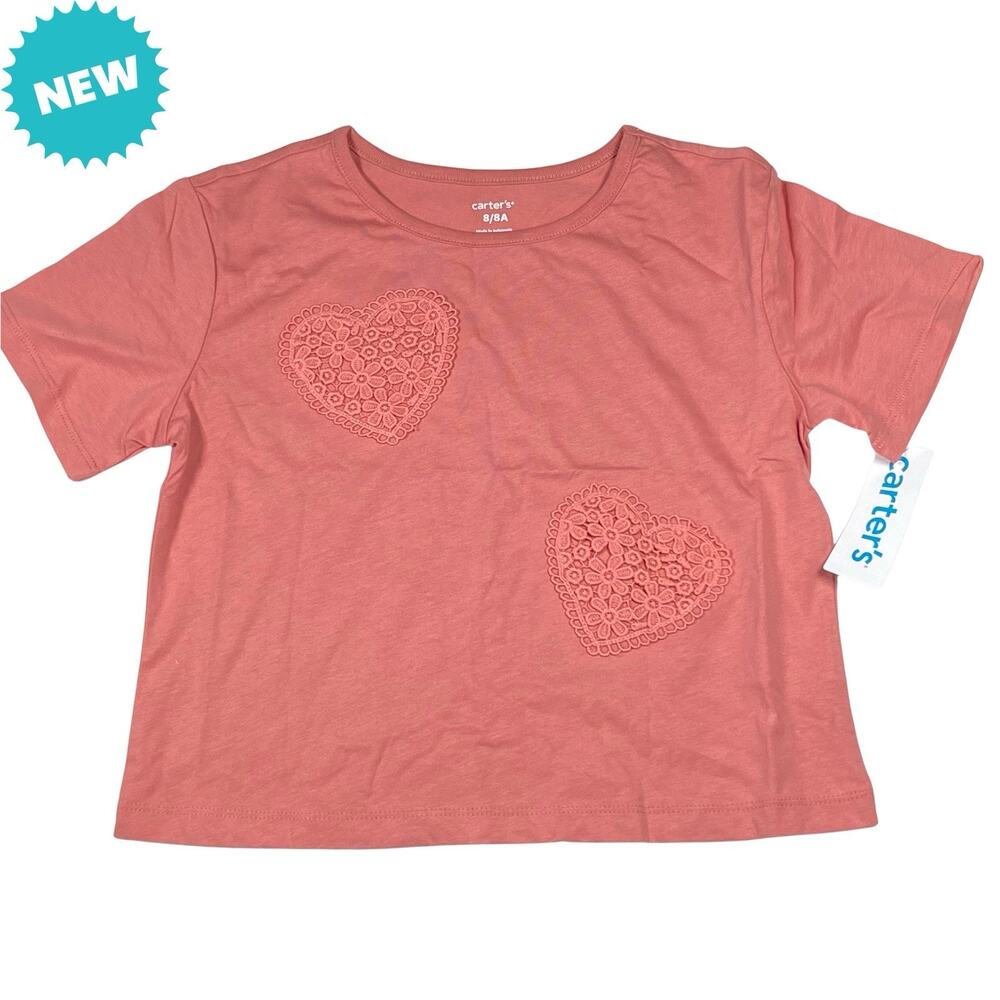 Carter's T-Shirt Girls Size 8 Pink Lace Hearts Short Sleeve Casual School NEW